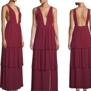 Fame and Partners The Callie Plunging-Neck Tiered Gown – Red/Burgundy – Size US